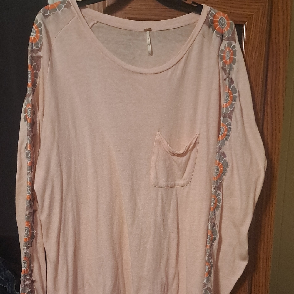Free People Pink Long Sleeve Top with Orange Floral Accents